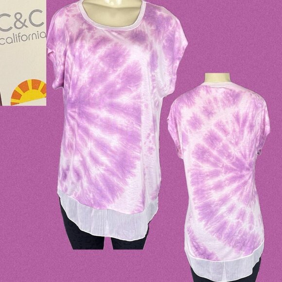 C&C California L Purple-Pink Tie-Dye Mesh Crew Neckline Mesh Step-Hem Muscle Tee - Picture 1 of 6